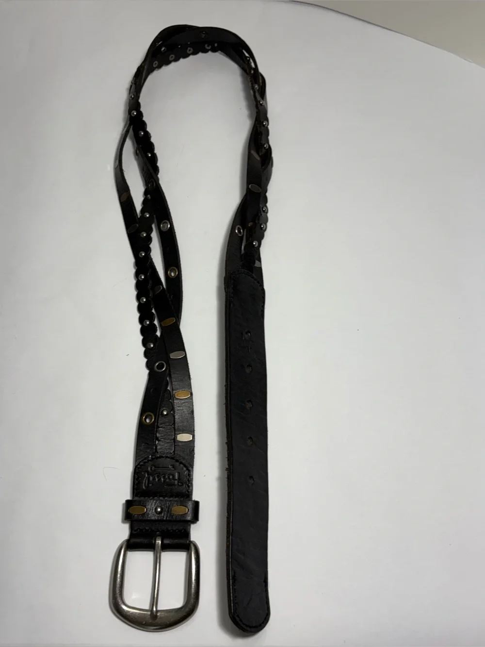 Women's Fossil Belt Black Genuine Leather Braided Studded Grommet Y2K Boho